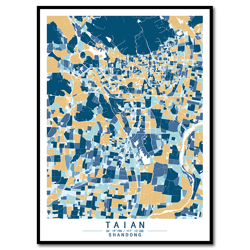 山东泰安城市地图挂画彩色色块简欧客厅背景装饰画玄关创意艺术画图片