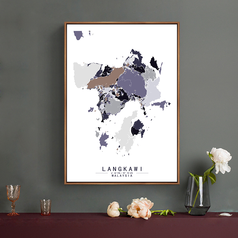 马来西亚兰卡威岛凌家卫岛抽象城市彩色地图装饰画现代办公室挂画