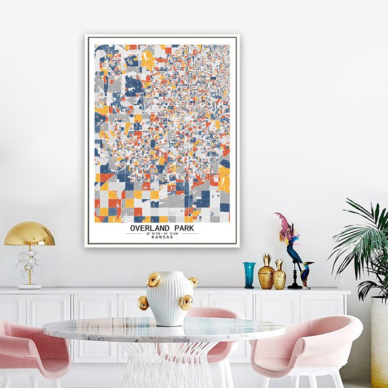 欧弗兰帕克 堪萨斯州美国艺术抽象城市彩色色块地图装饰墙壁挂画