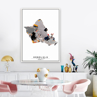 火奴鲁鲁檀香山夏威夷州美国艺术抽象城市彩色色块地图装饰画挂画