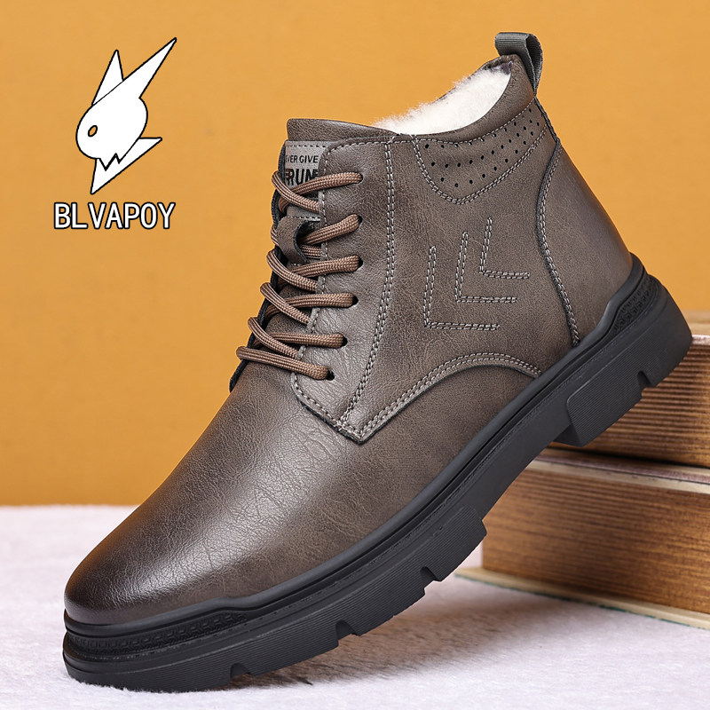 花花公子马丁靴男2025冬季加棉保暖英伦高帮男鞋真皮户外工装靴子