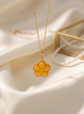 一物一证天然保真天然老蜜蜡小花吊坠项链925银黄露从今夜白