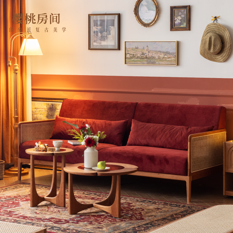 樱桃房间|三人位沙发藤编复古小户型简约客厅北欧布艺实木沙发