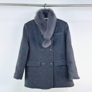 加厚狐狸真毛领羊毛呢外套女冬韩系百搭chic显瘦复古西服羽绒上衣