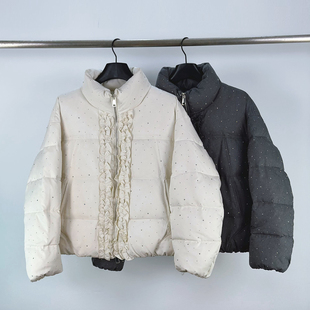 学院风木耳花边羽绒服外套女冬设计感高端时尚细闪90白鸭绒面包服