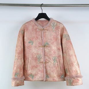 新中式水貂毛拼接短款羽绒服女2025冬高端重工刺绣白鸭绒保暖外套