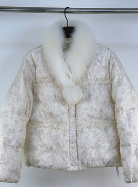 高端狐狸毛围脖新中式国风羽绒服女冬木耳花边白鸭绒保暖提花外套