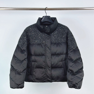 法式小香风重工细闪立领毛呢拼接短款羽绒服女冬小个子白鸭绒外套