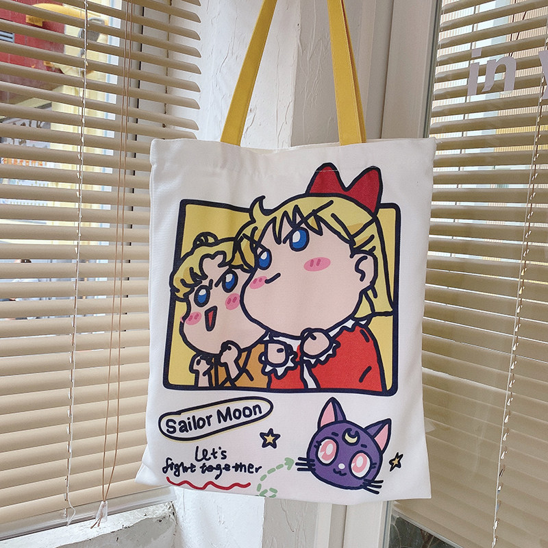 原创ins卡通美少女单肩帆布包可爱卡通大容量购物布袋学生书包女