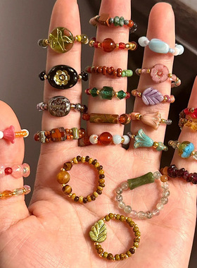 多巴胺戒指女小众设计个性串珠食指戒高级感时尚彩色可爱闭口指环