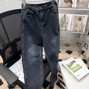 显瘦宽松直筒松紧腰微胖哈伦裤 女胖mm高腰老爹裤 牛仔裤 胡子叔大码