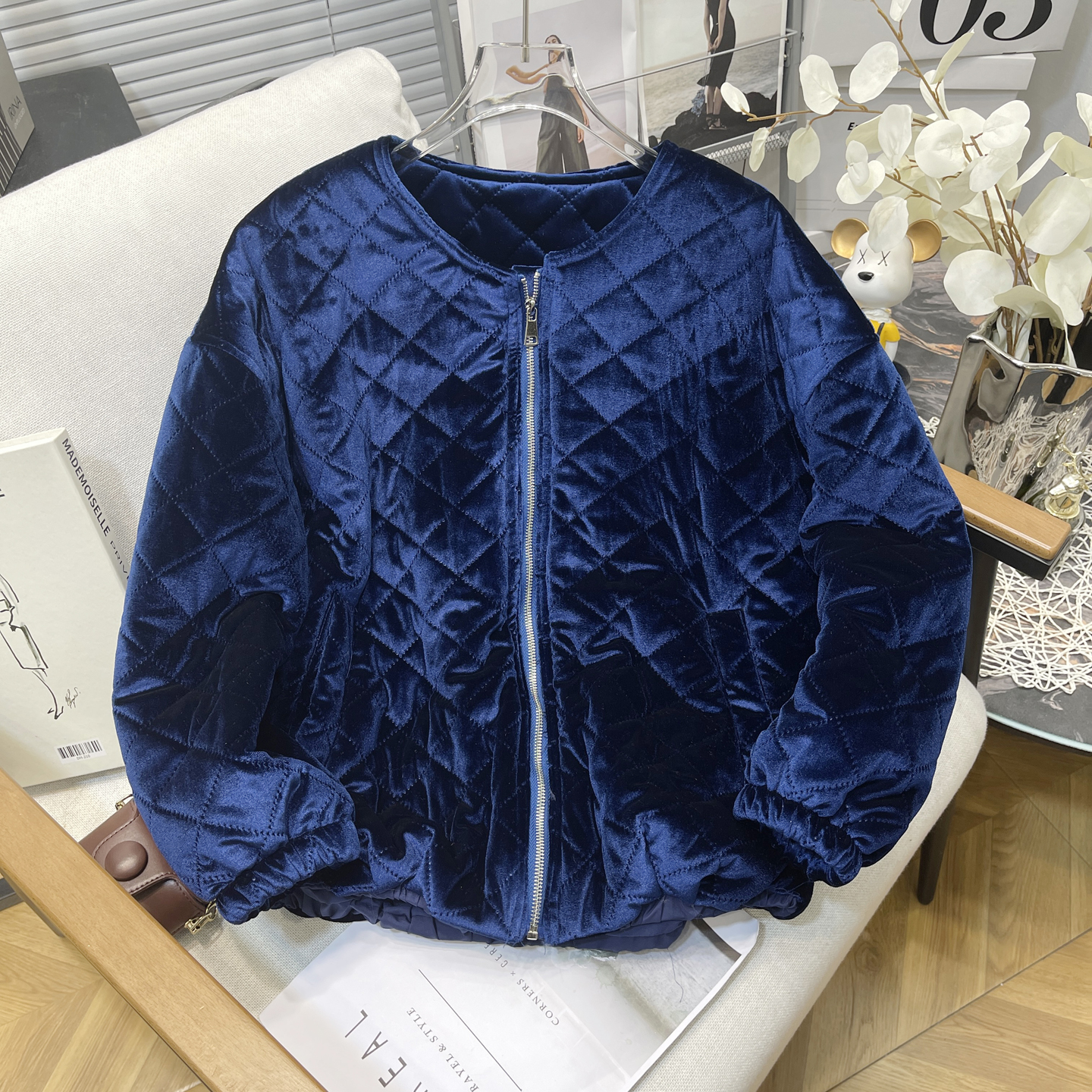 大码女装冬设计感菱格丝绒棉服女