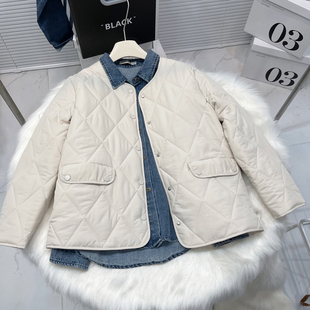 秋冬大码女装200斤菱格无领轻薄夹棉短款棉服女棉衣羽绒棉服外套