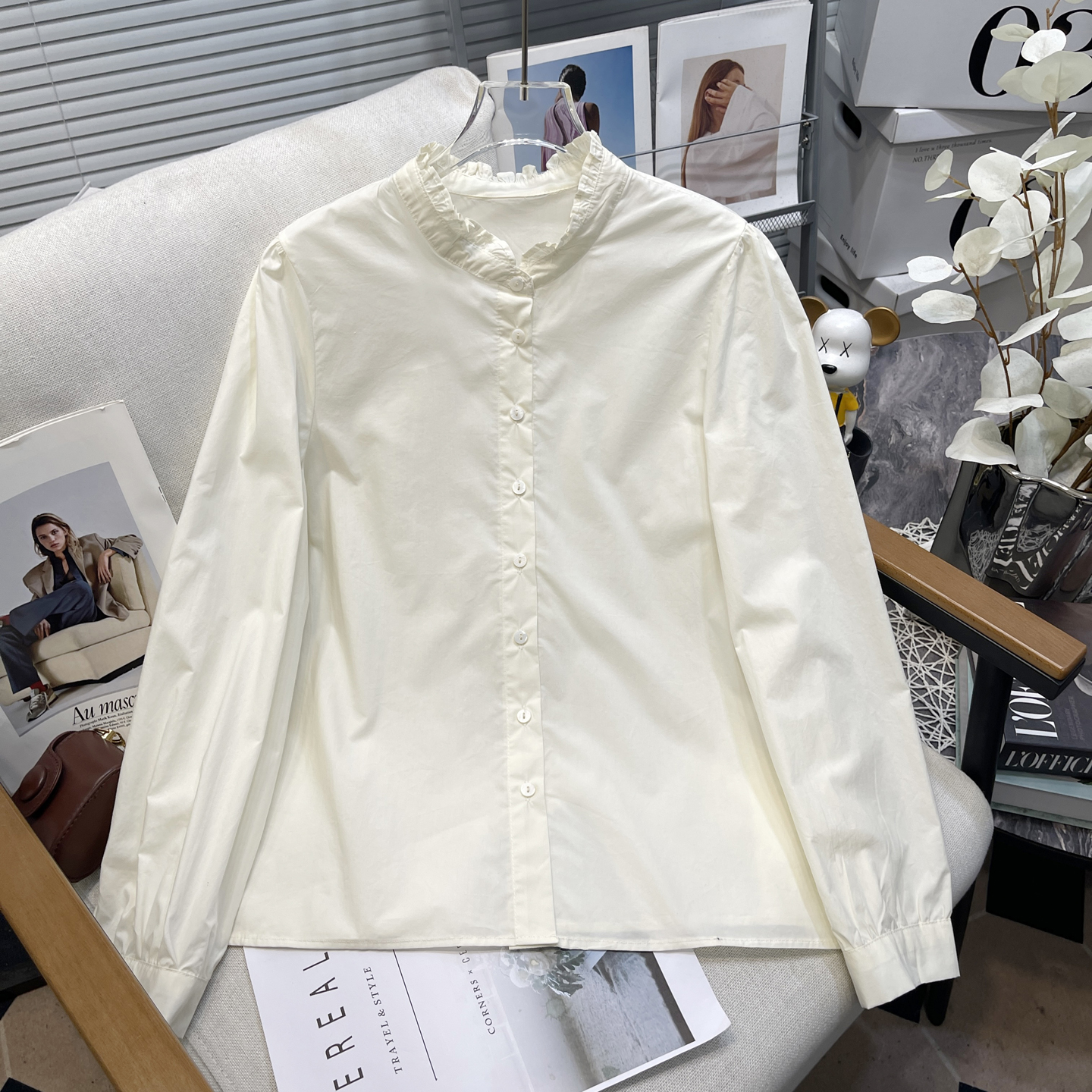 大码女装白色衬衫木耳边立领衬衫