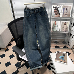 胖mm宽松休闲高腰拖地长裤 女春秋新款 子 显瘦直筒牛仔裤 胡子叔大码