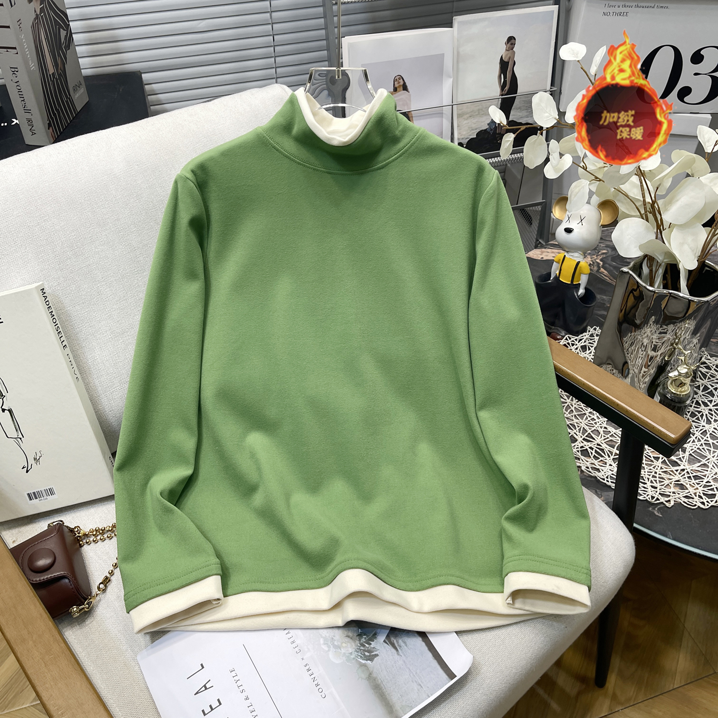 大码女装撞色双面德绒打底衫女