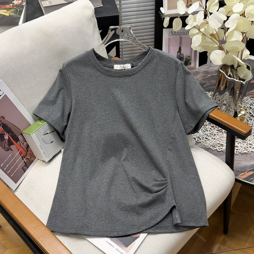 大码侧压褶圆领短袖T恤女2026