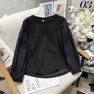 新款 镂空衬衫 袖 胡子叔大码 打底衫 秋季 拼接T恤女胖mm长袖 上衣 女装