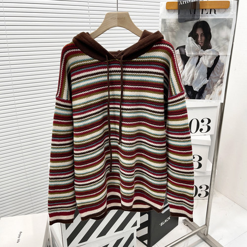 大码连帽彩条拼色针织衫卫衣
