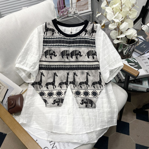 大码女装假两件圆领动物印花衬衫