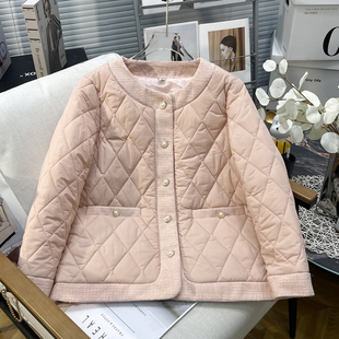 新款 冬季 韩系小香风粉色格子棉衣女胖mm保暖棉服潮 女装 胡子叔大码