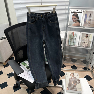 女秋冬梨型身材显瘦胖mm加绒老爹萝卜裤 胡子叔大码 高腰哈伦牛仔裤