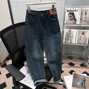 显瘦宽松贴标哈伦裤 胡子叔大码 女胖mm高腰弹力老爹裤 牛仔裤 潮 女装