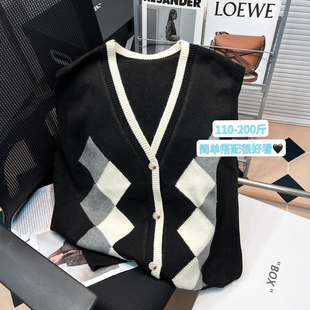 胡子叔大码女装菱格v领针织马甲早春新款复古软糯宽松无袖背心女