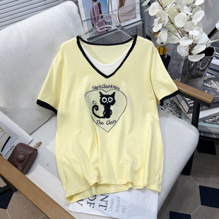 女装 新款 胡子叔大码 夏季 T恤女胖mm透气猫咪上衣 假两件短袖 针织衫