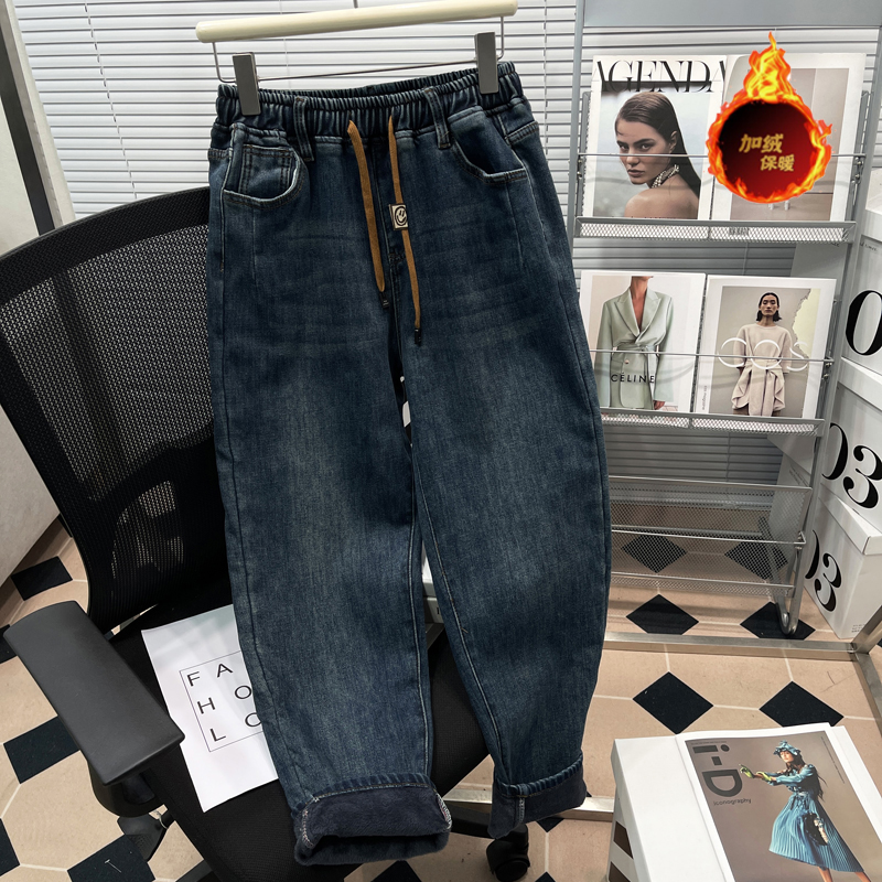 大码加绒加厚牛仔裤女