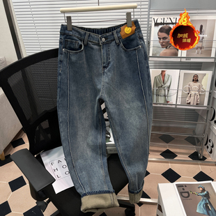 冬胖mm高腰九分老爹萝卜哈伦裤 弹力加绒直筒牛仔裤 女装 胡子叔大码