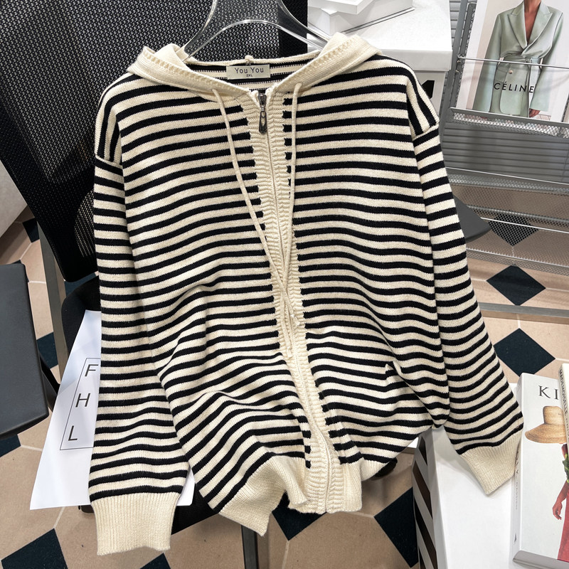 胡子叔大码条纹连帽针织衫外套女秋季胖mm内搭毛衣针织衫外搭上衣,女装/女士精品,常规大码外套,淘宝优惠券,粉丝福利购,淘宝优惠卷