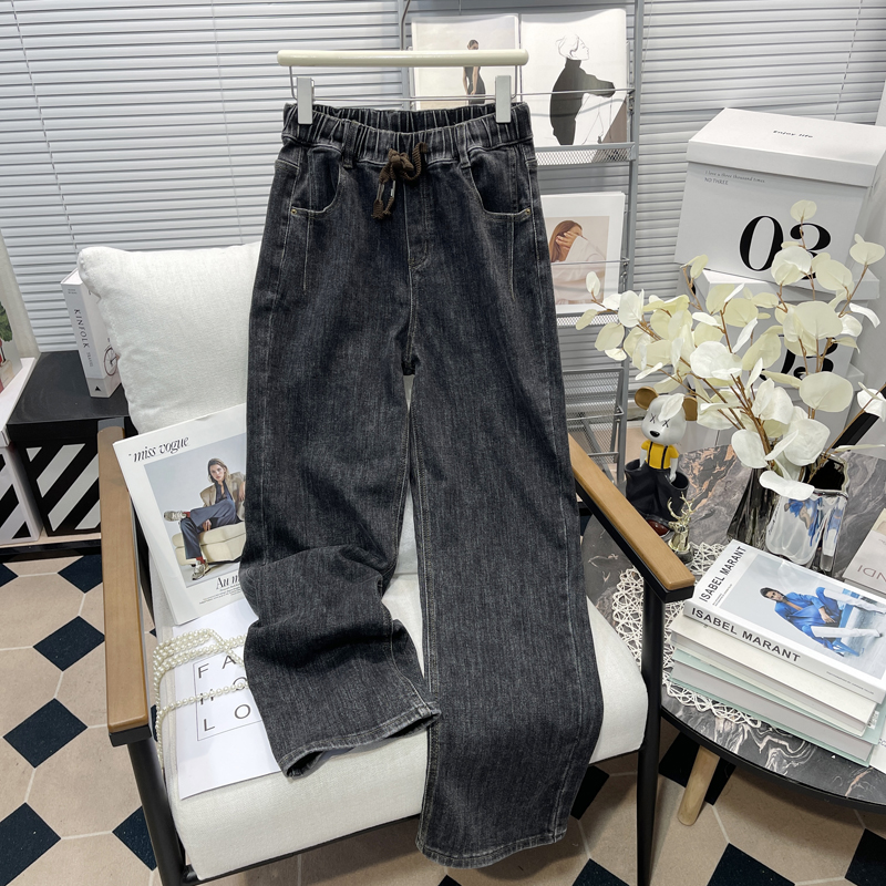 码女装松紧腰阔腿牛仔裤春秋