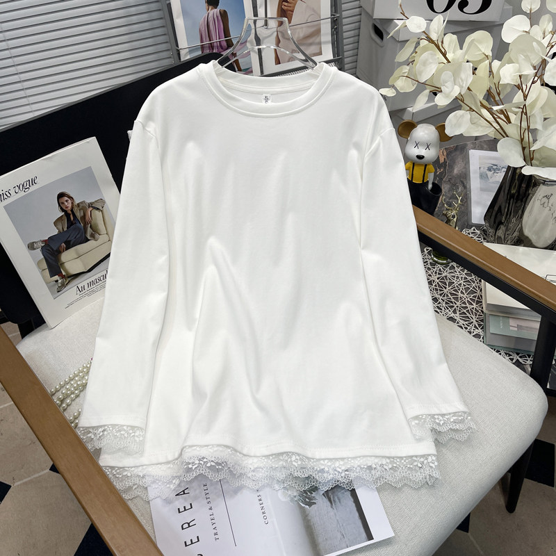 胡子叔大码女白色圆领长袖蕾丝拼接T恤女2025春季新款宽松打底衫,女装/女士精品,大码内搭,淘宝优惠券,粉丝福利购,淘宝优惠卷