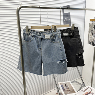 复古时髦高腰显瘦宽松阔腿五分中裤 夏季 女美式 破洞牛仔短裤 新 大码