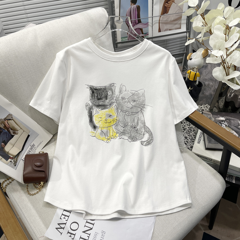 胡子叔大码女装夏季新款短袖T恤女胖mm卡通印花圆领猫咪显瘦上衣