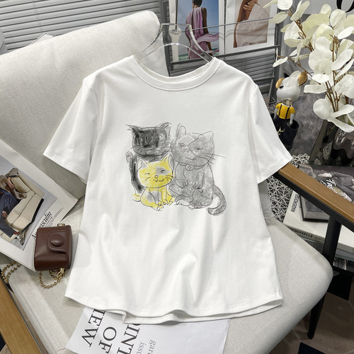 卡通印花圆领猫咪显瘦上衣
