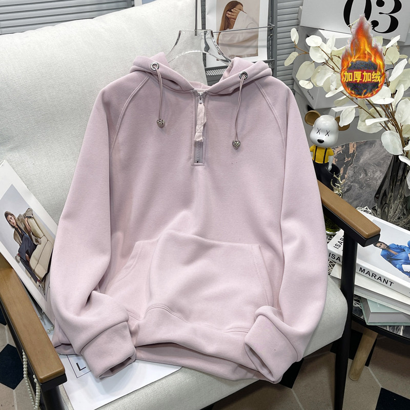 胖mm冬季半拉链连帽加绒卫衣