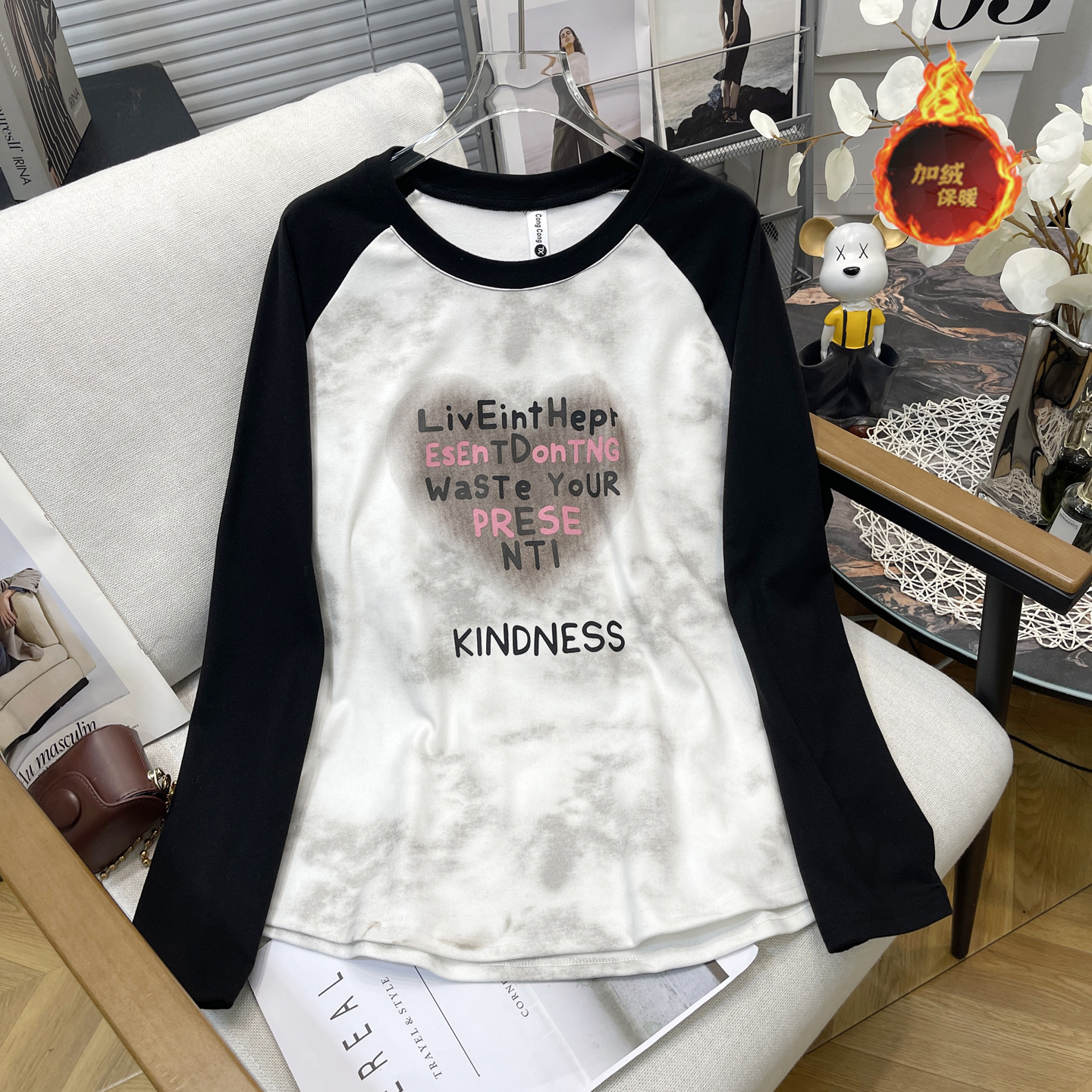 大码女装加厚拼色圆领插肩上衣