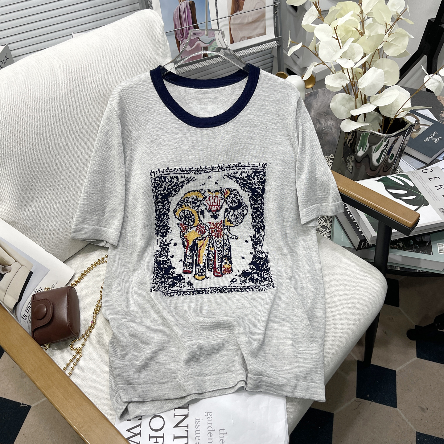 胡子叔大码女装夏季新款撞色竹节麻针织T恤女胖mm宽松薄款上衣潮