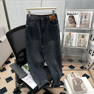 高腰胖mm宽松哈伦直筒老爹裤 女秋冬新款 加绒加厚牛仔裤 胡子叔大码