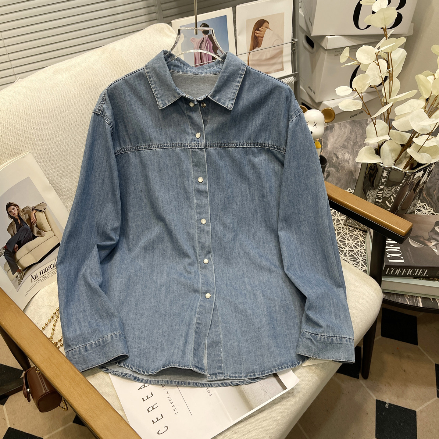 大码女装秋季新款蓝色牛仔衬衫外套女胖mm港风上衣叠穿打底衬衫潮,女装/女士精品,大码内搭,淘宝优惠券,粉丝福利购,淘宝优惠卷
