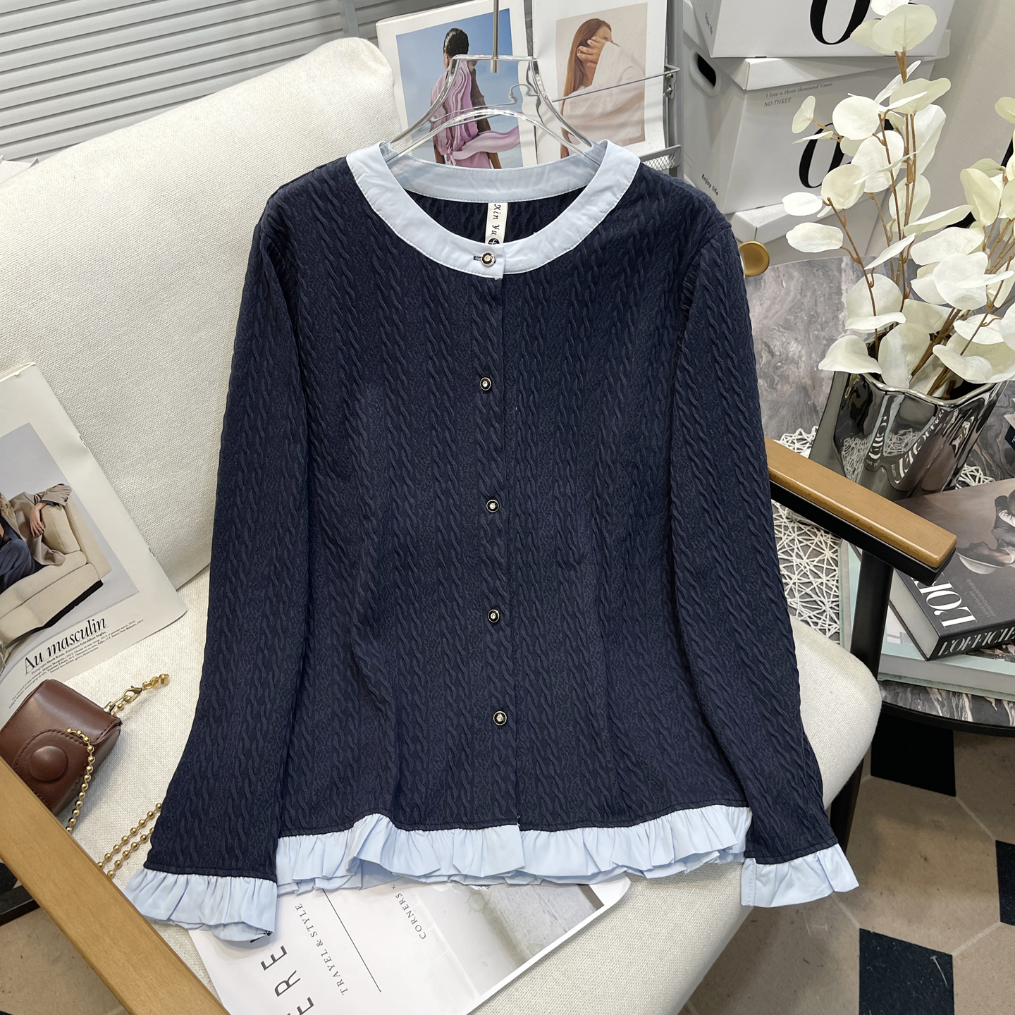 大码女装秋拼接荷叶边针织开衫女