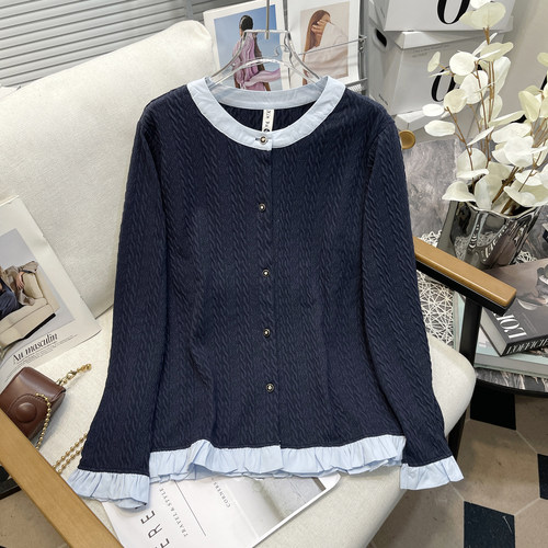 大码女装秋拼接荷叶边针织开衫女