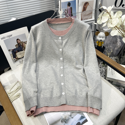 大码女2025春季新款假两件针织衫