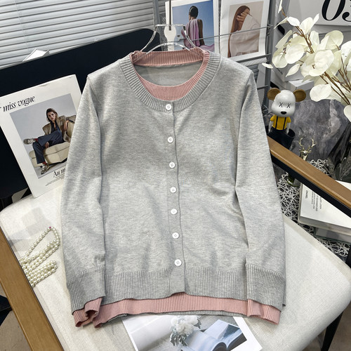 大码女2025春季新款假两件针织衫