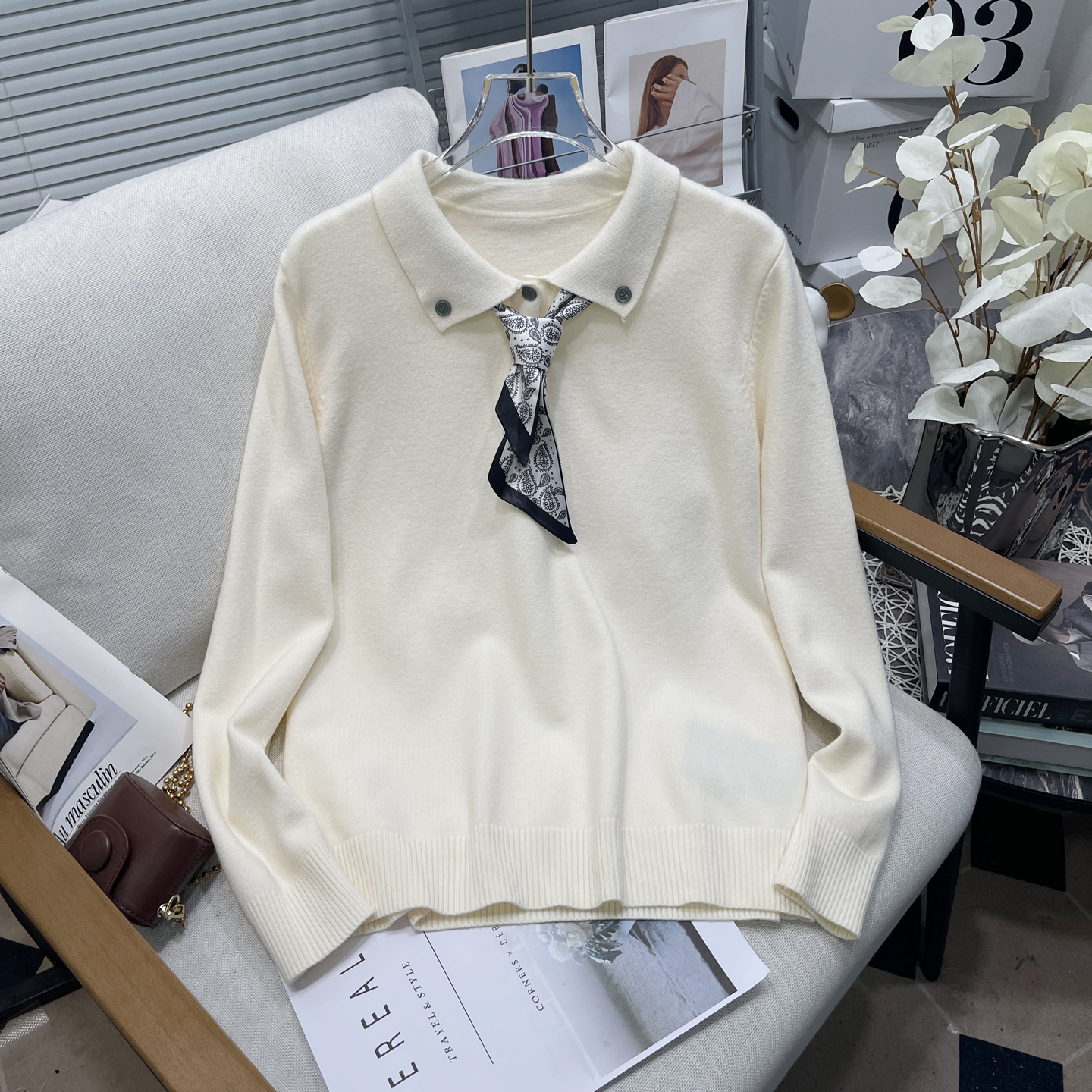 大码女装丝带polo领针织衫上衣