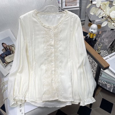 大码女装贴花毛边圆领衬衫