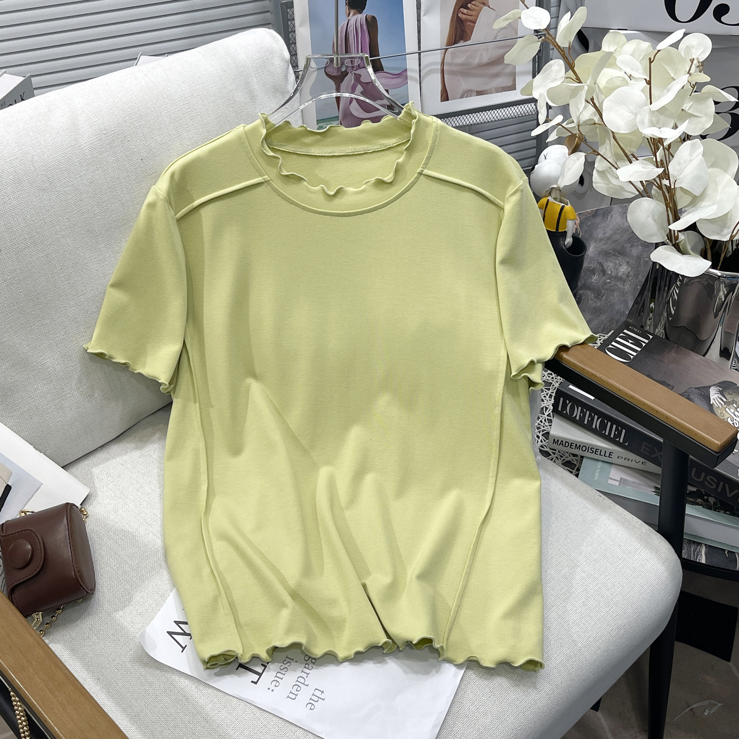 大码女装夏季新波浪边简约短袖T