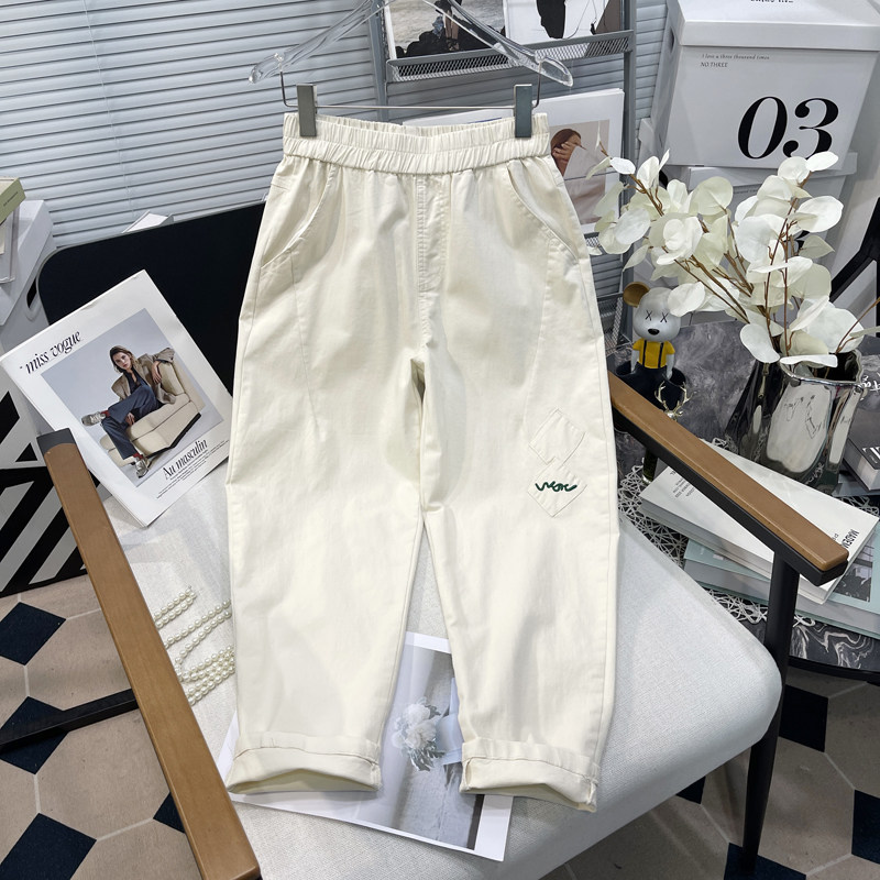 胡子叔大码女装2025夏季新款哈伦裤女弹力松紧腰贴补刺绣休闲裤潮